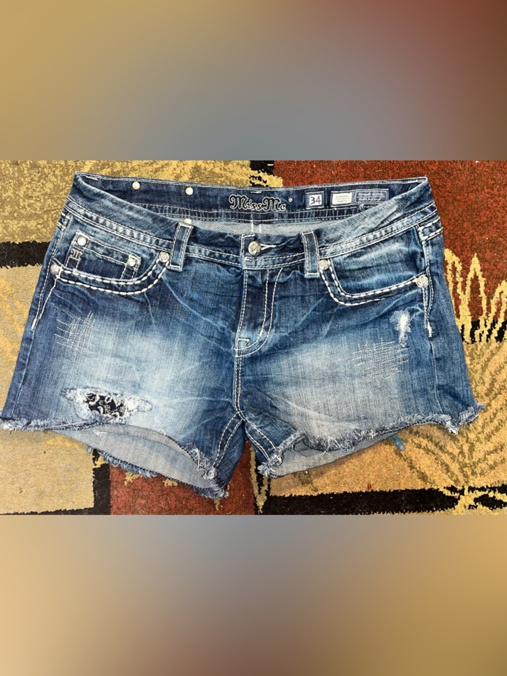 Miss Me Signature Blue Denim Medium Wash Embellished Distressed Shorts 34